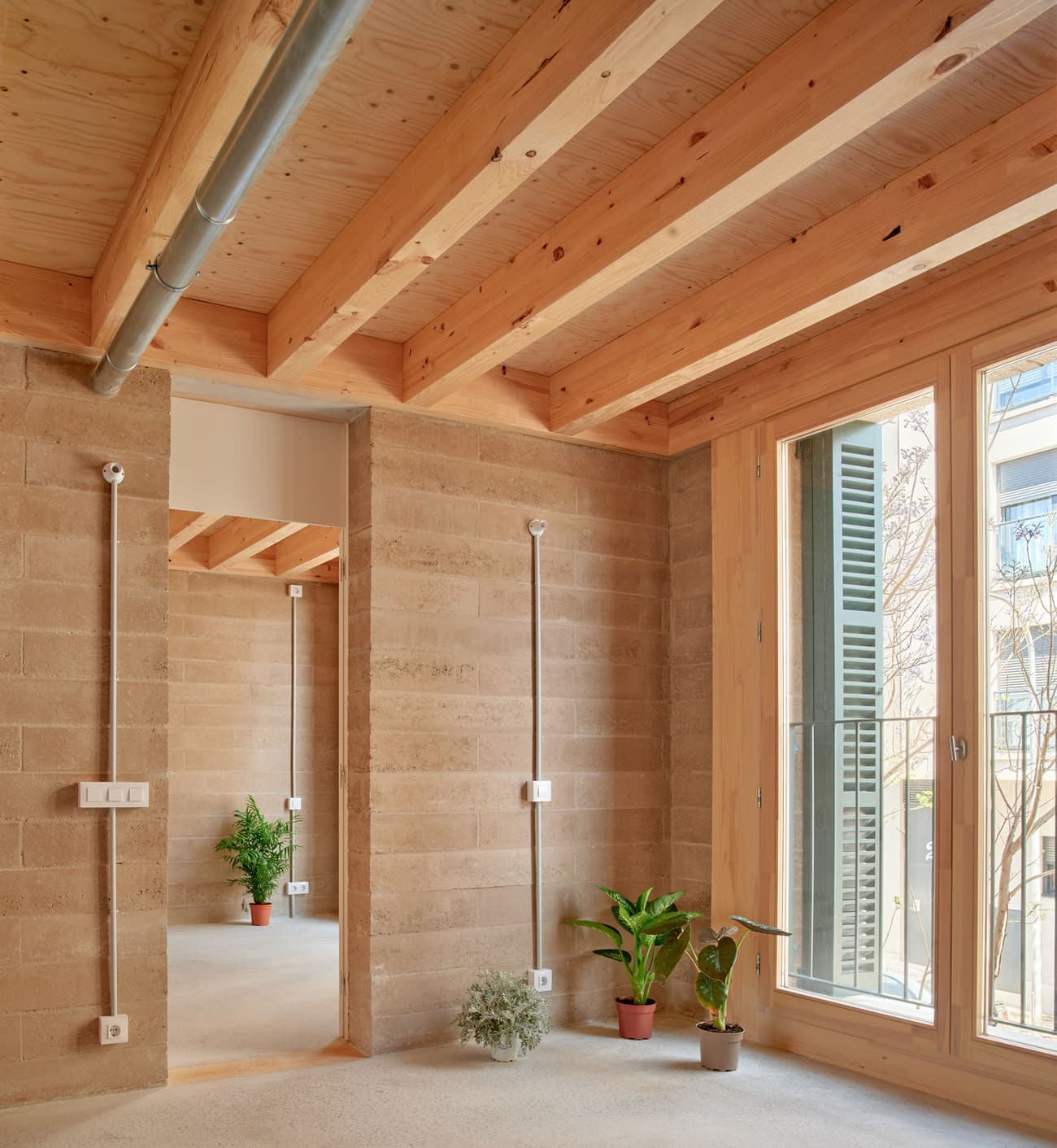 Architectural project - raw finishes, beige walls, raw earth, warm interior, natural materials, wood, timber, natural light, eco-conscious, warm tones, contemporary style, neutral tones, exposed beams, ventilation, daylight, concrete, light wood, eco friendly, Scandinavian influence, sunlight, honey wood, wood beams, rustic modern, natural textures, minimalist style, neutral palette, relaxed atmosphere, rammed earth, modern rustic, biophilic design, sustainable home, passive house, large windows, Nordic design, plaster wall, energy efficient, plaster, timber ceiling, open plan, living area, inviting space, earthy tones, cozy atmosphere, warm vibe, residential space, interior space, clean design, indoor plants, green plants