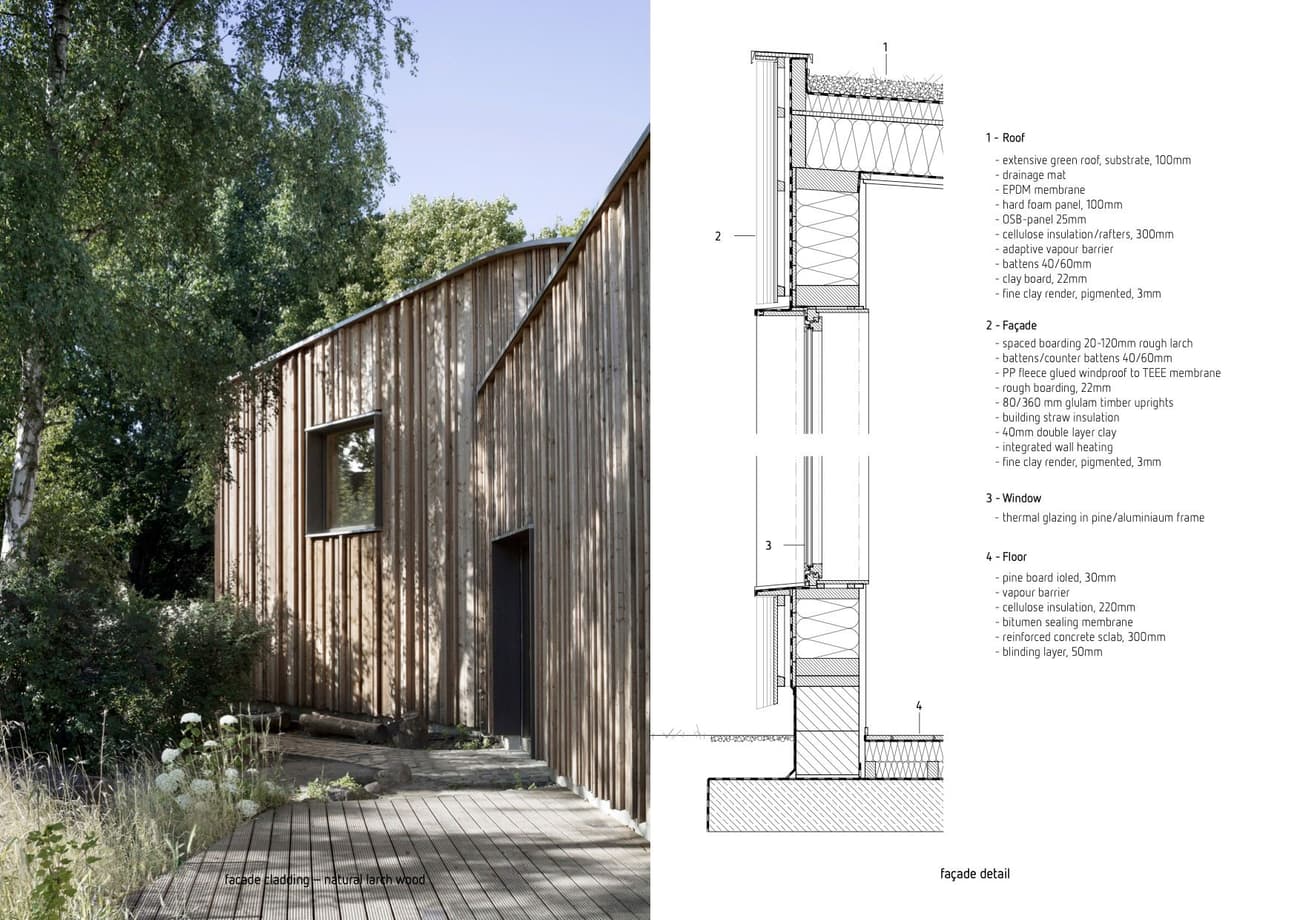 Architectural project - natural materials, wood, timber, passive design, warm tones, natural tones, modular construction, eco design, green building, sustainable architecture, green, landscape architecture, beige, brown, wood facade, timber facade, exterior design, daylight optimization, rural architecture, facade detail, minimalist architecture, contemporary design, sustainable building, eco construction, prefabricated elements, rammed earth, green architecture, landscape integration, clean lines, timber cladding, wood cladding, modern architecture, natural texture, environmental design, outdoor design, vertical cladding, nature blend, modern rural, simple lines, facade design, wooden pathway, deck, ribbed wood, low carbon building, architectural drawing, section detail, prefab design, insulation design, metal bracing, aluminum windows, aluminum