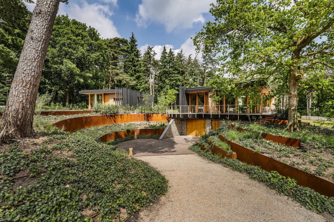 Architectural project - minimal intervention, metal facade, natural integration, rustic elegance, forest environment, eco lodge, corten steel, forest landscape, treehouse vibe, circular courtyard, retreat house, getaway home, corten, natural materials, sustainable materials, wood, steel, outdoor space, timber frame, natural light, outdoor living, passive design, sustainable design, daylight, landscape architecture, eco friendly, steel structure, eco-friendly materials, nature-inspired, forest retreat, forest view, peaceful retreat, biophilic architecture, green design, serene setting, woodland cabin, eco architecture, nature house, wooden deck, green roof, environmental harmony, modern cabin, seamless design, modern retreat, integrated landscape