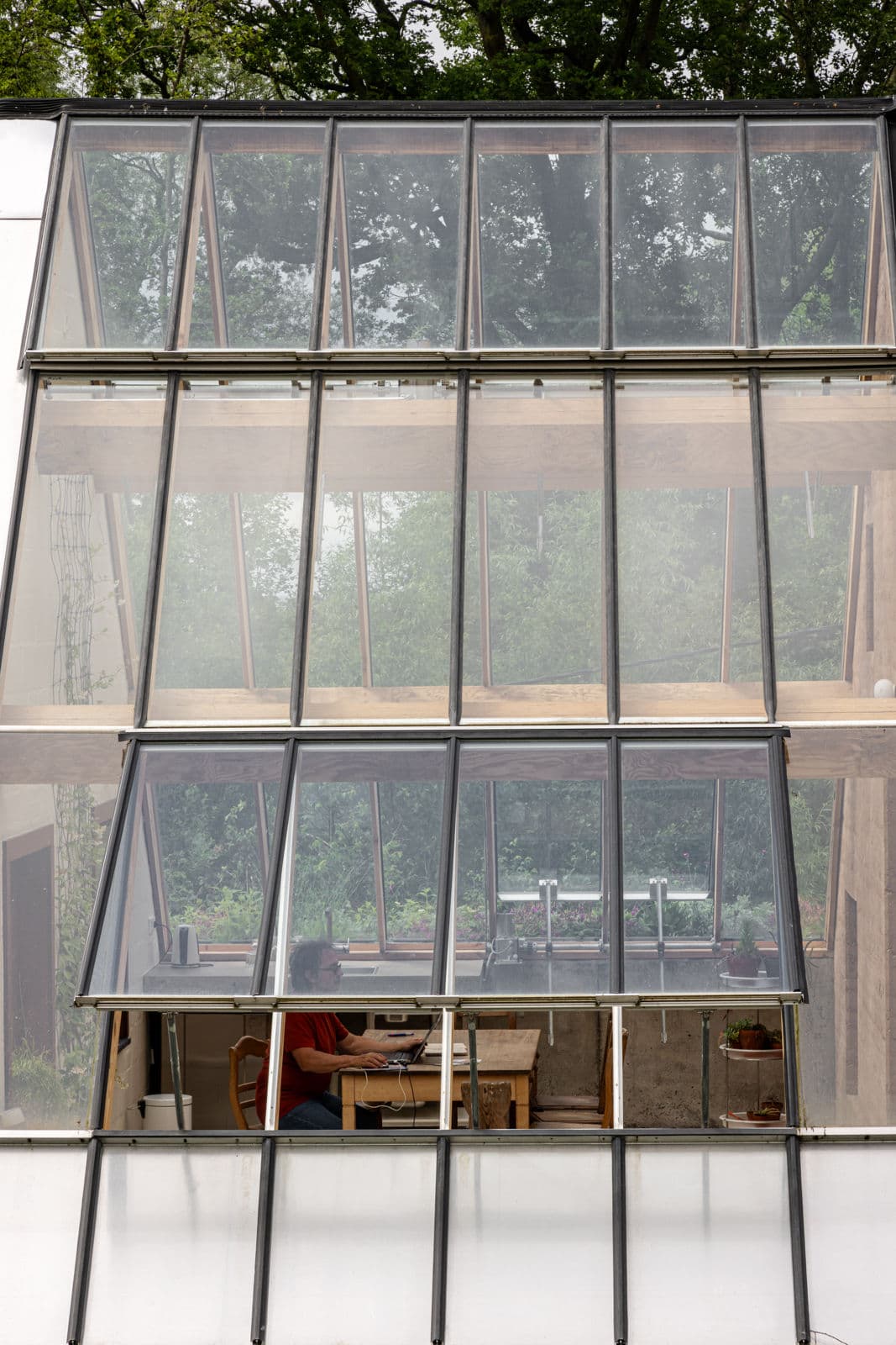 Architectural project - work space, indoor garden, cozy workspace, home workspace, architectural glass, woodland view, wood, timber, metal, timber frame, natural light, sustainable design, glass, natural tones, eco design, innovative design, green, neutral tones, daylight, light wood, functional design, glass panels, modern design, simple design, minimalist style, earth tones, biophilic design, green setting, passive house, light filled, white, modern architecture, large window, wood frame, energy efficient, timber interior, open layout, open plan, inviting space, warm atmosphere, natural environment, garden view, nature integration, home office, bright interior, glass facade, minimalist interior, wood interior