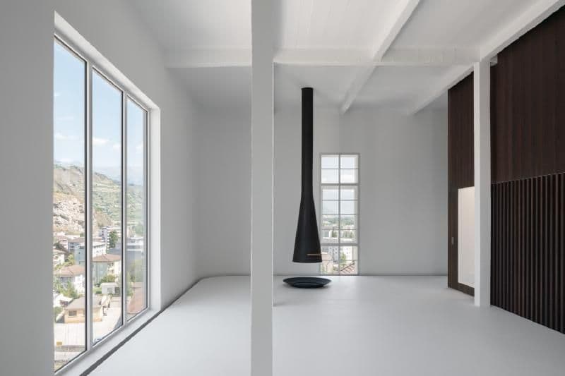 Architectural project - loft style, living room, Nordic touch, dark brown, white floor, dark wood panel, suspended fireplace, crisp aesthetics, uninterrupted view, natural light, neutral tones, ceiling beams, daylight, Scandinavian influence, minimalist vibe, industrial touch, neutral palette, minimalist design, black, serene space, urban design, clean lines, white walls, large windows, architectural simplicity, white, modern architecture, open plan, panoramic view, bright interior, sleek design, calm atmosphere, seamless transition, modern living, open space, contemporary vibe, airy feel, inviting environment, modern interior, uncluttered space