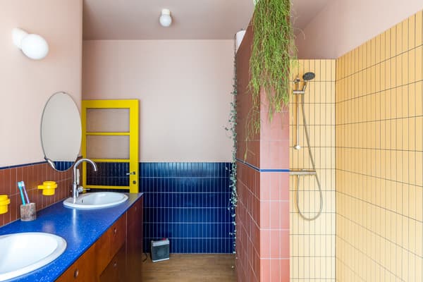 Architectural project - home decor, eclectic design, pink walls, creative design, retro style, terracotta tiles, cozy bathroom, light wood floor, patterned tiles, round mirror, blue countertop, colorful bathroom, unique bathroom, yellow door, vibrant bathroom, vintage flair, dual sink, wall sconce, shower area, quirky elements, colorful vibe, bathroom remodel, DIY bathroom, stylish bathroom, innovative bathroom, lively space, hanging plants, bathroom oasis, eco-friendly design, sustainable materials, pink, wood, playful design, artistic touch, yellow, warm tones, neutral tones, light wood, blue, compact space, bright colors, inviting space, terracotta, interior design, modern bathroom, indoor plant, ceramic, ceramic tiles, mixed materials